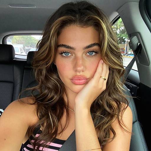 Gen Z Woman with Blue Eyes in Car Selfie