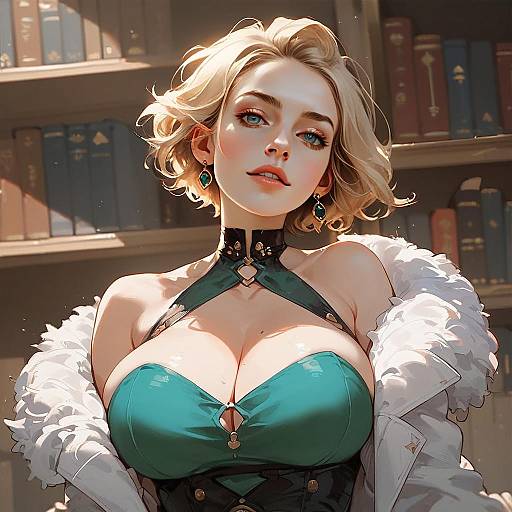 Elegant Blonde Woman in Teal Outfit with White Fur Coat Anime Style