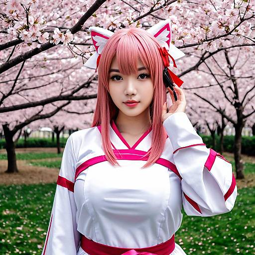 Sakura Miko Cosplay Woman Among Cherry Blossoms in Traditional Anime Style