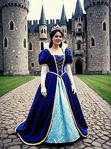 Woman in Royal Blue Princess Costume Cosplay in Castle Setting