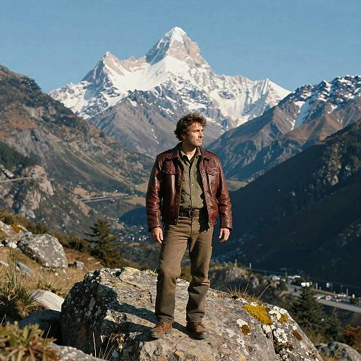 Man Standing on Rocky Landscape with Snow-Capped Mountain Background