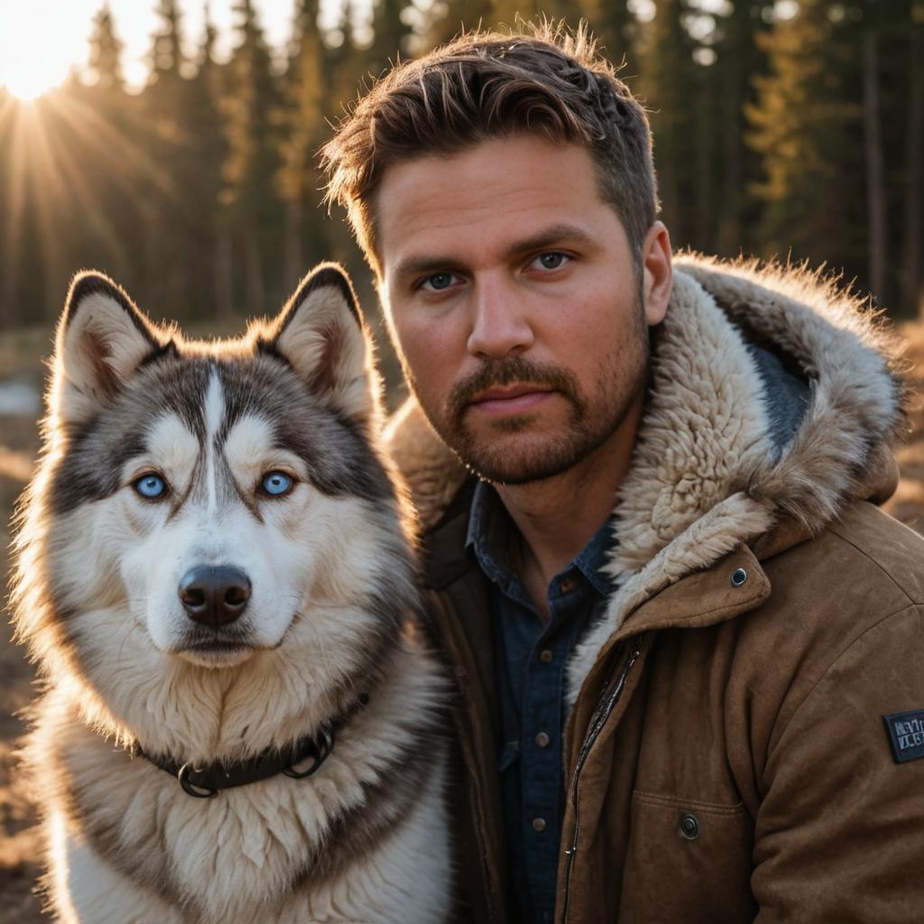 Man and Blue-Eyed Husky at Sunset