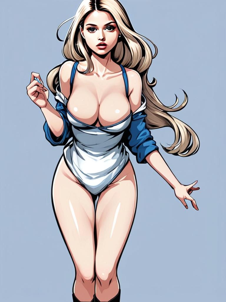 Stylized Blonde Woman in White Bodysuit Comic Art