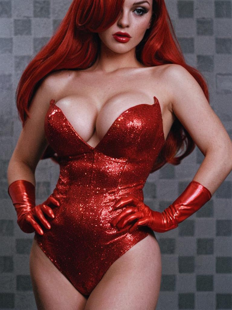 Glamorous Woman in Shimmering Red Bodysuit and Gloves
