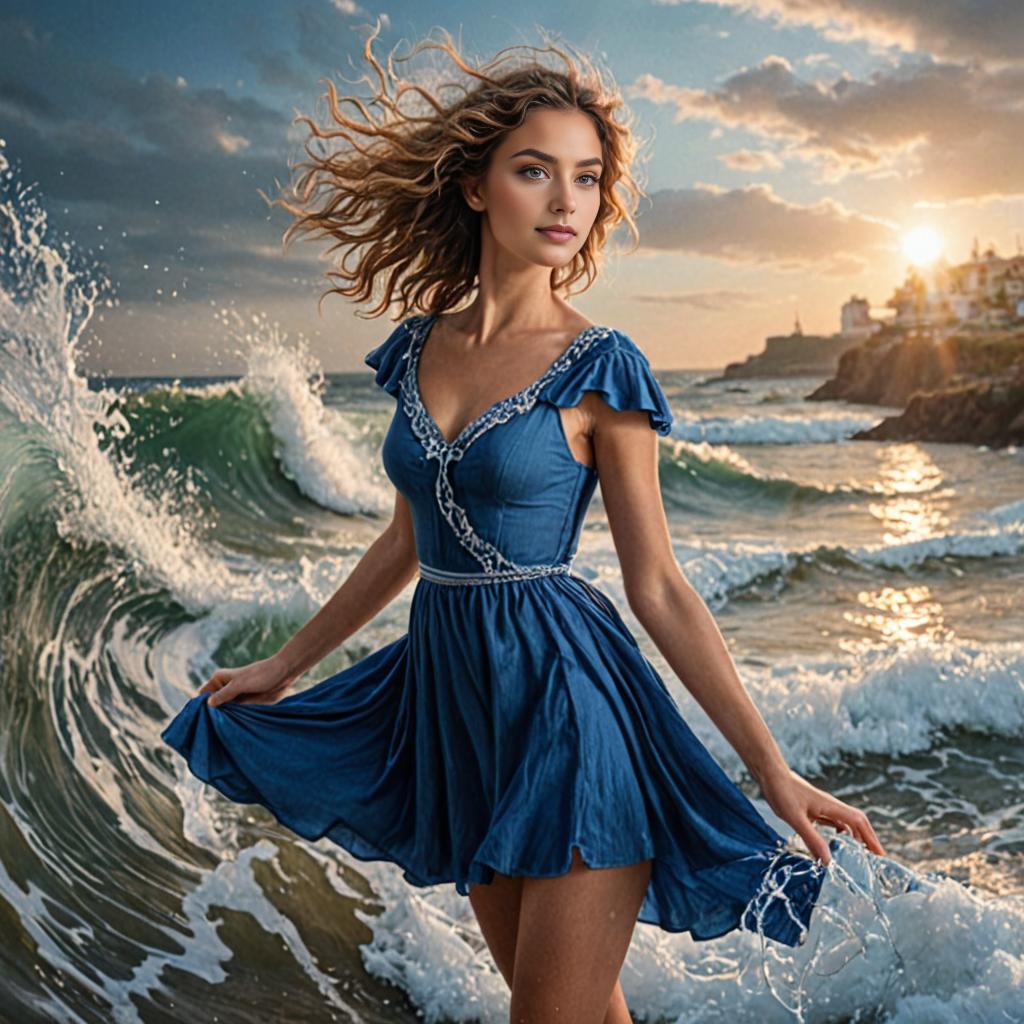 Woman in Blue Dress on Beach at Sunset