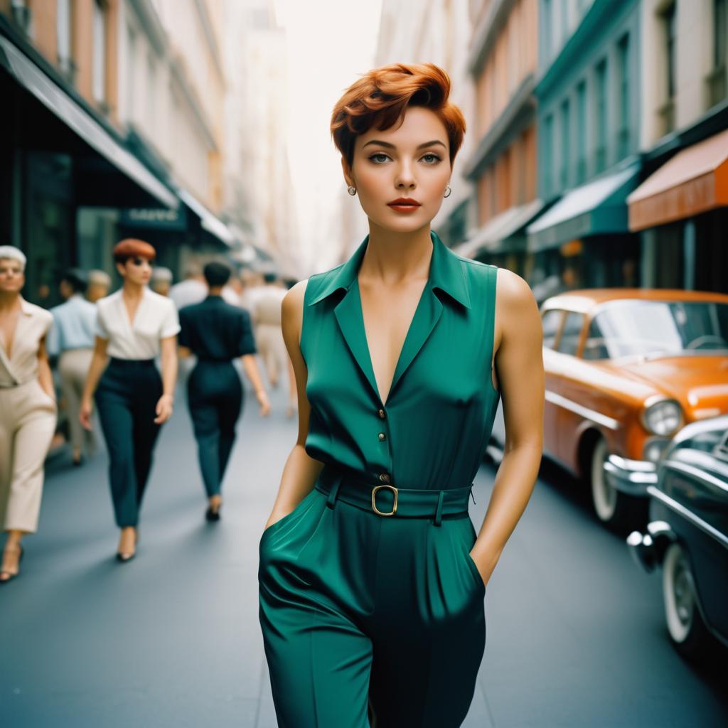 Glamorous Woman in Green Jumpsuit on Chic Street