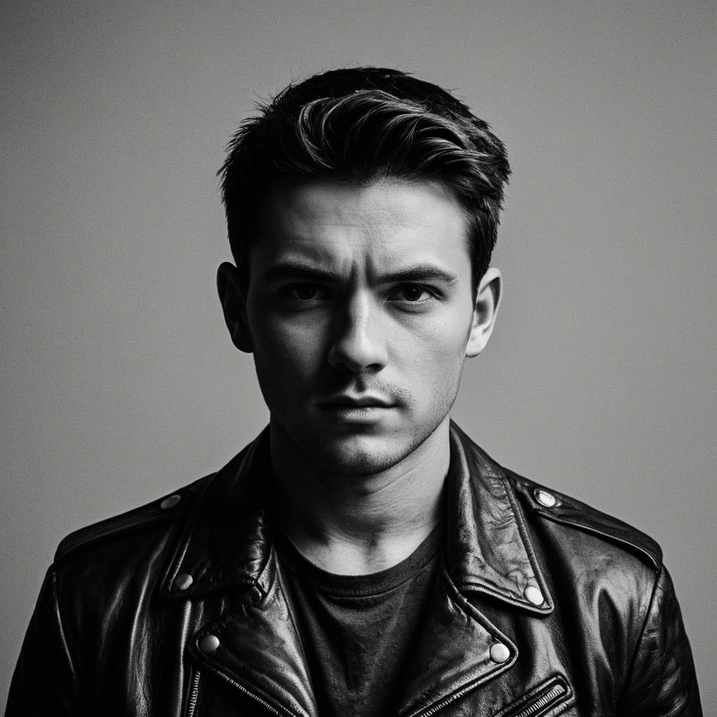 Serious Young Man in Leather Jacket - Black and White Portrait