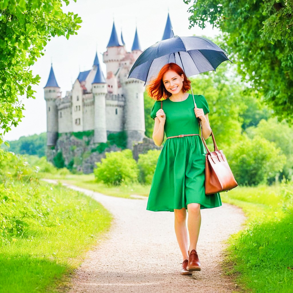 Smiling Woman in Green Dress with Umbrella Near Castle Smiling Woman in Green Dress with Umbrella Near Castle