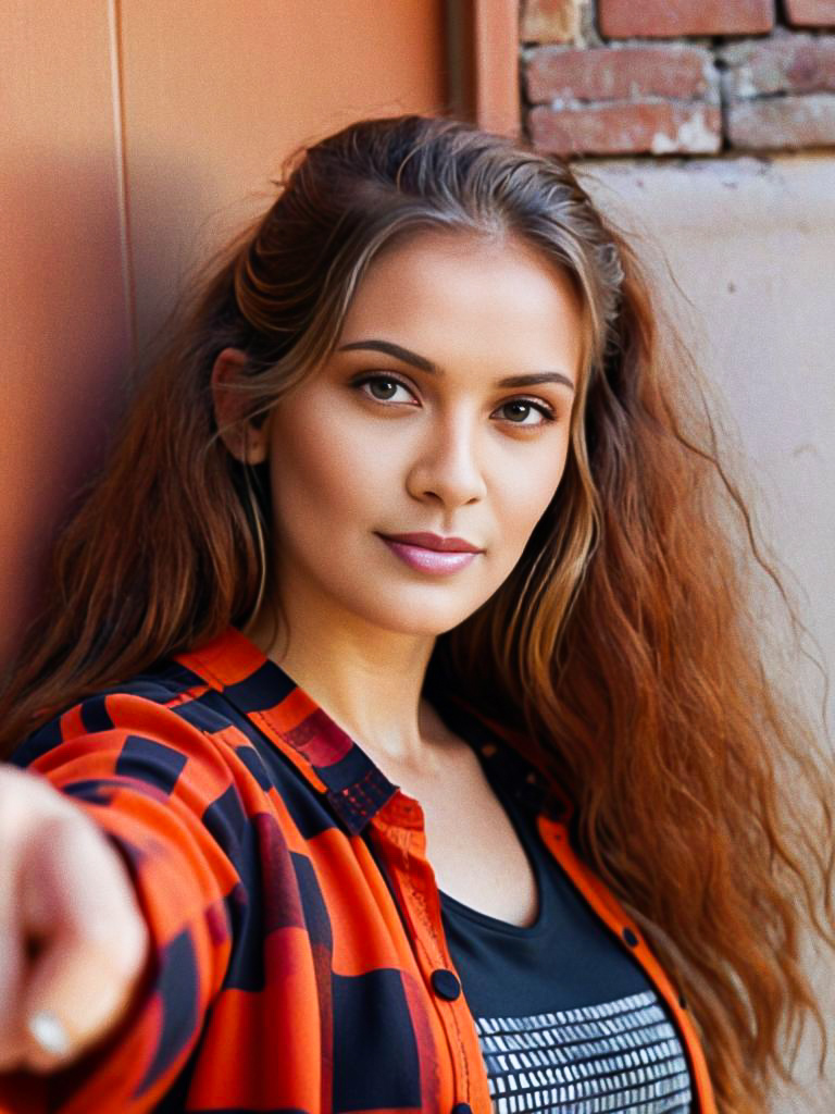 Confident Woman in Orange and Black Checkered Shirt