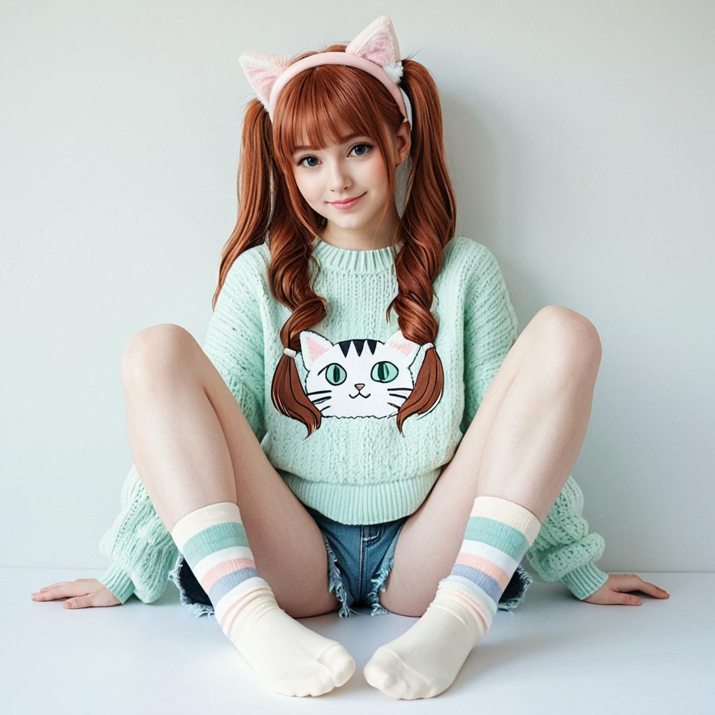 Young Woman in Mint Green Cat Sweater and Cat Ear Headband Sitting Playfully