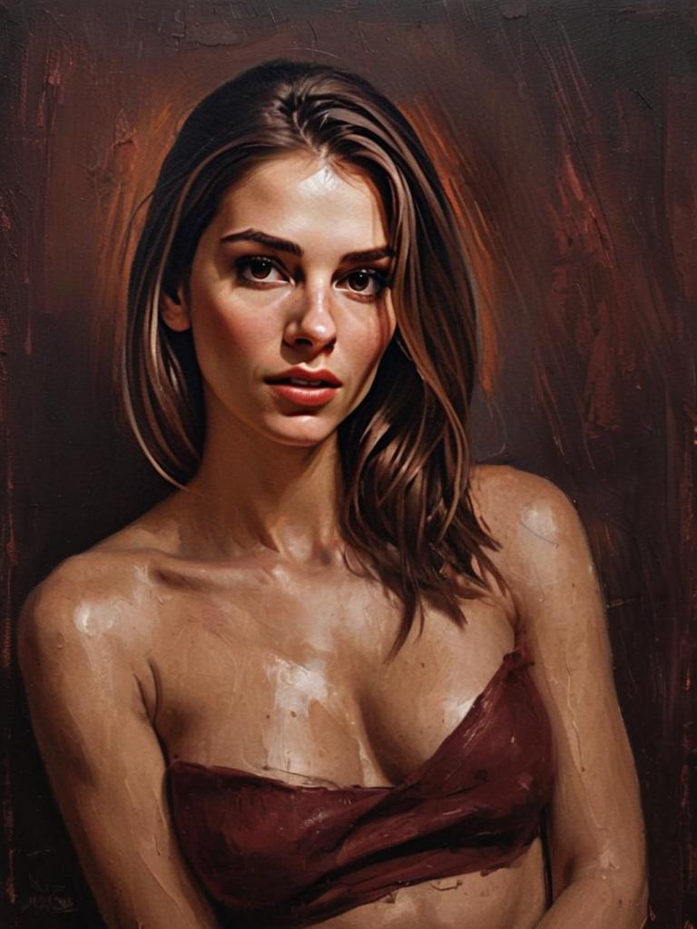 Realistic Oil Painting Portrait of Young Woman with Brown Hair