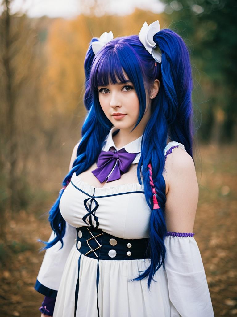 Blue-Haired Woman in Detailed Anime Cosplay Dress Outdoors