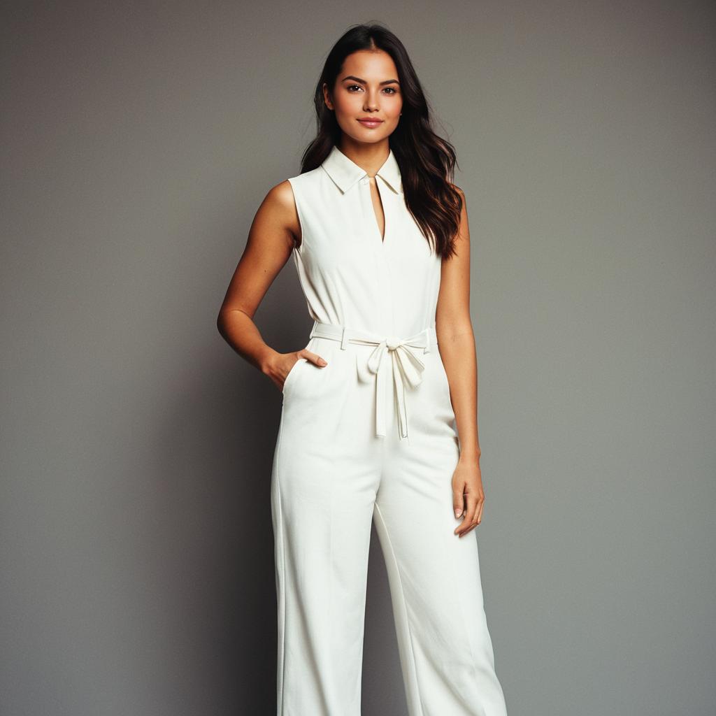 Confident Woman in Elegant White Sleeveless Jumpsuit