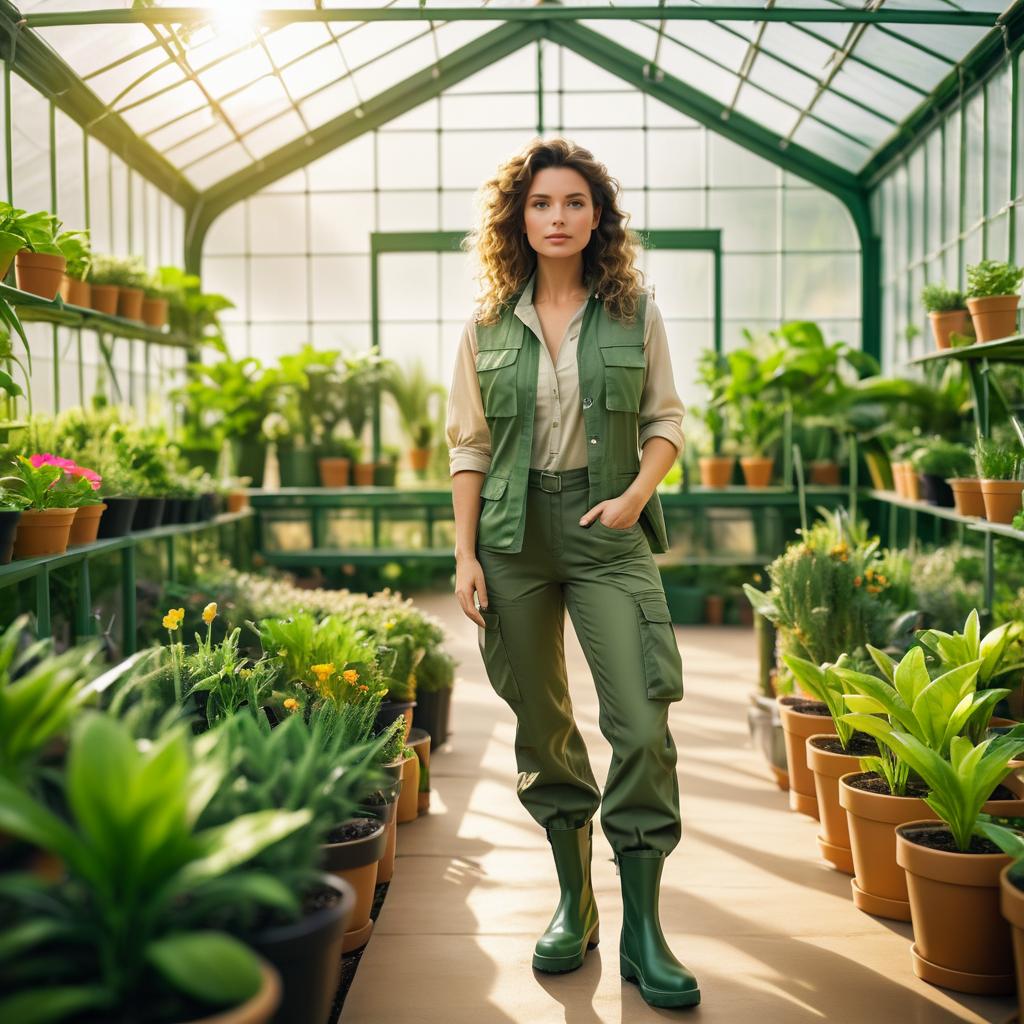 Confident Woman in Greenhouse with Plants