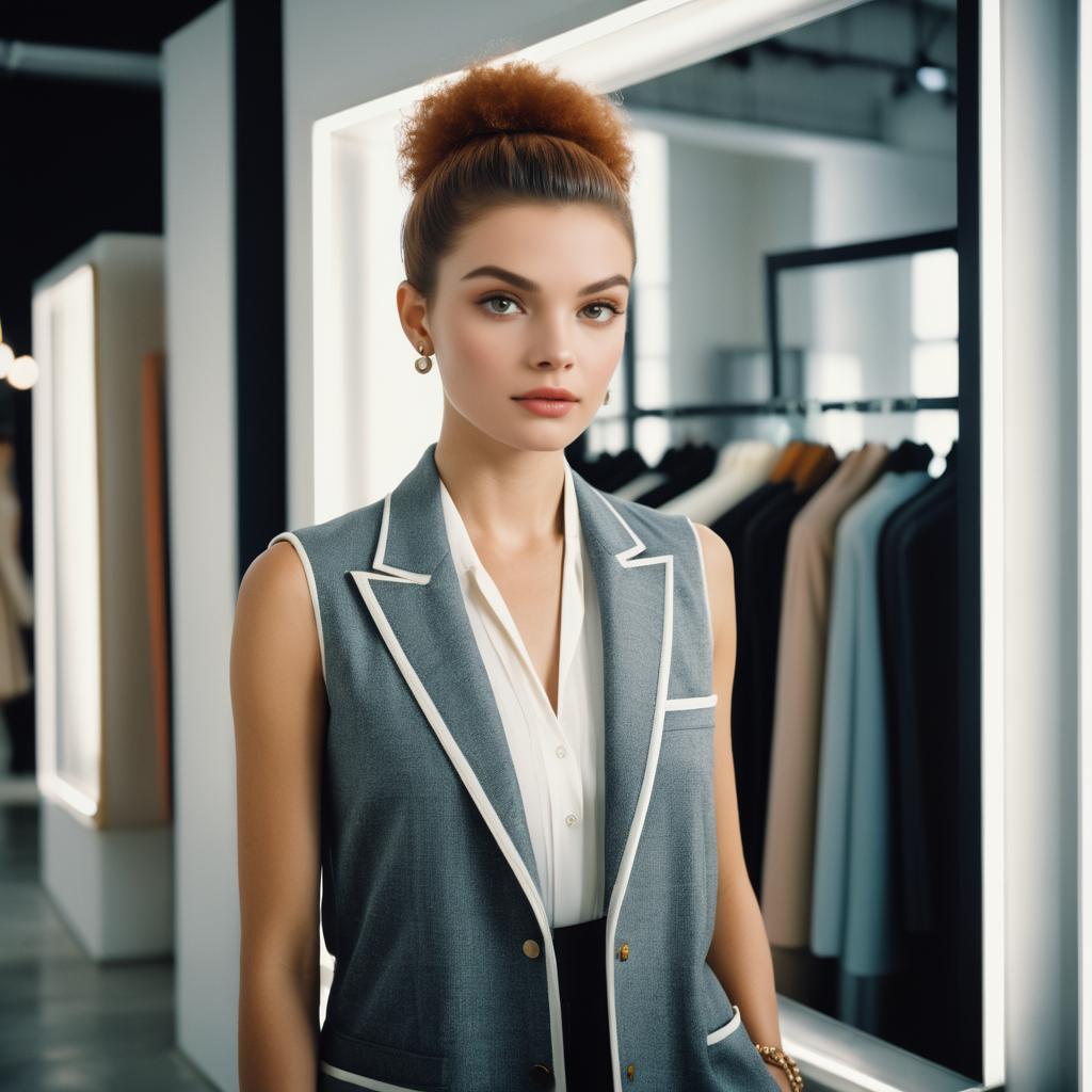 Confident Woman in Gray Suit at Modern Clothing Store