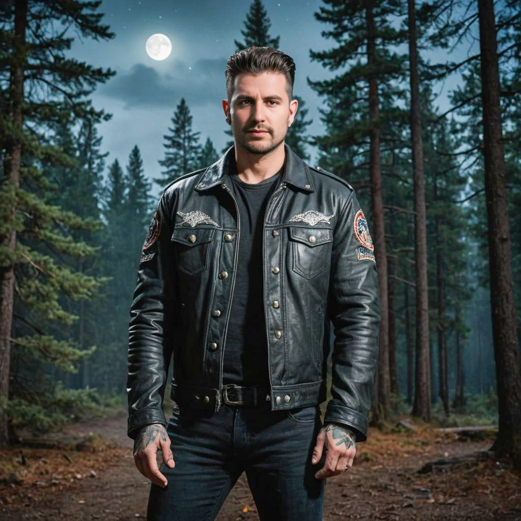 Man in Leather Jacket in Forest Under Full Moon