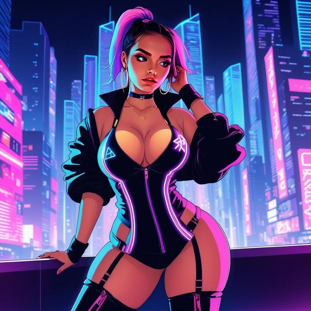 Futuristic Cyberpunk Woman in Neon Cityscape