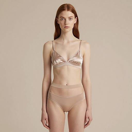 Minimalist Nude Satin Lingerie on Young Woman with Red Hair