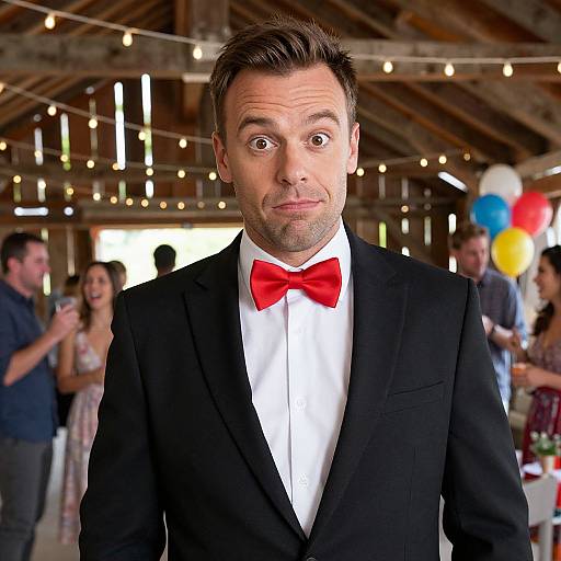 Man in Red Bow Tie at Rustic Barn Party Gathering