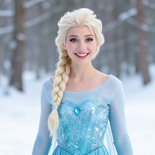 Portrait of Woman in Sparkling Blue Icy Princess Dress in Snowy Forest