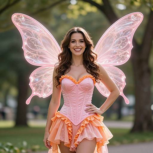 Woman in Pink and Orange Fairy Costume with Glowing Butterfly Wings