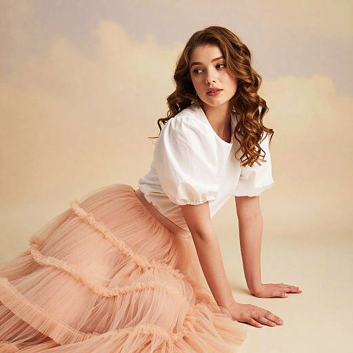 Young Woman in Puff-Sleeve White Top and Peach Tulle Skirt Sitting Gracefully
