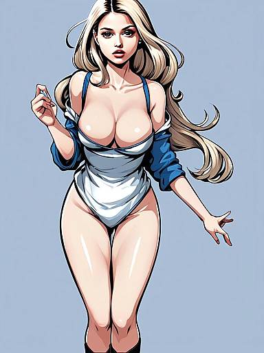 Stylized Blonde Woman in White Bodysuit Comic Art