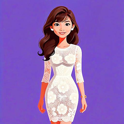 Stylish Woman in Chic White Lace Dress Digital Illustration