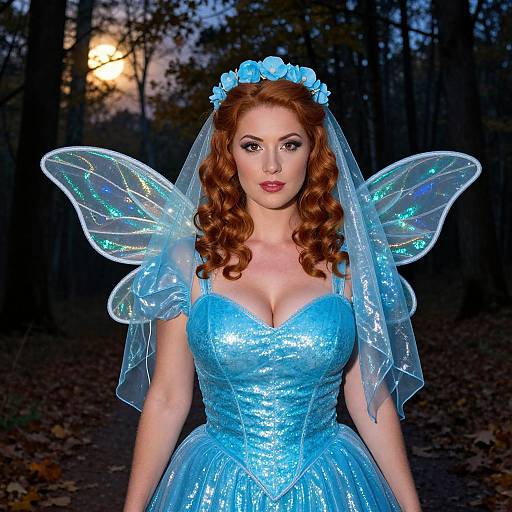 Woman in Blue Fairy Costume with Iridescent Wings in Moonlit Forest