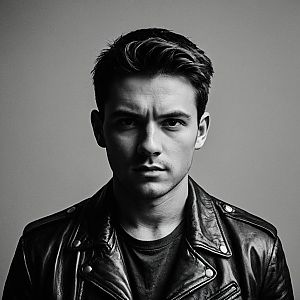 Serious Young Man in Leather Jacket - Black and White Portrait