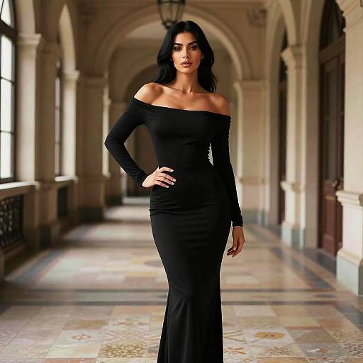 Elegant Woman in Black Off-Shoulder Dress in Classic Hallway