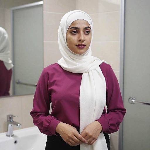 Woman in White Hijab and Magenta Blouse Standing by Bathroom Mirror