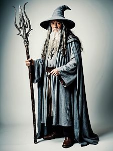 Man in Gandalf Costume Full Body Cosplay with Staff Prop