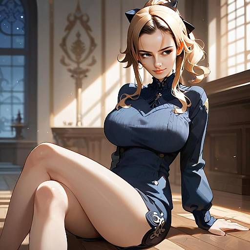 Anime-Style Illustration of a Blonde Woman in Dark Blue Dress Sitting Indoors
