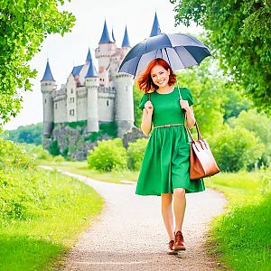 Smiling Woman in Green Dress with Umbrella Near Castle