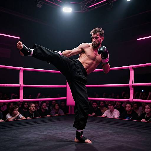 Male Martial Artist Executing High Kick in Pink Boxing Ring