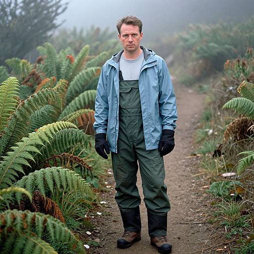 Man in Outdoor Gear Standing on Fern-Lined Forest Path