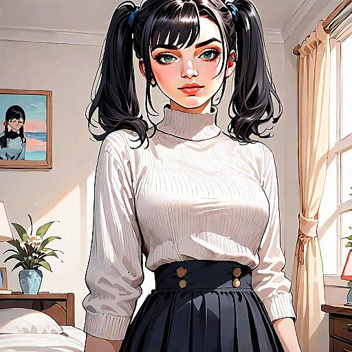 Digitally Illustrated Anime Style Woman in Cozy Room with Turtleneck and Skirt
