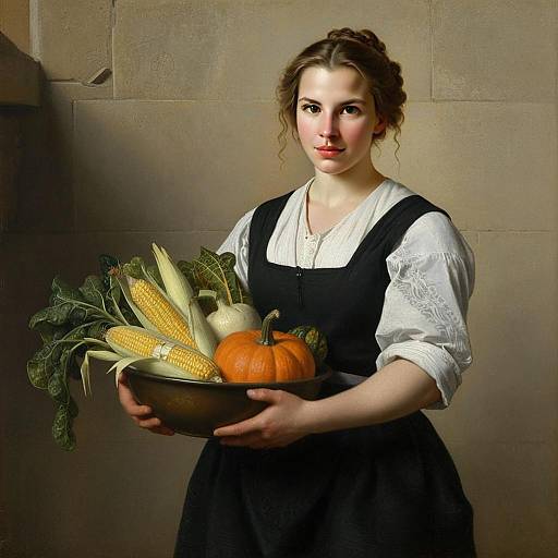 Classical Portrait of Woman Holding Autumn Vegetables in Traditional Dress