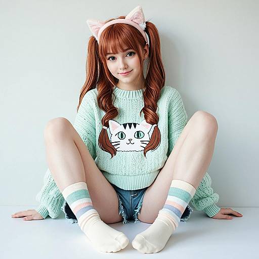 Young Woman in Mint Green Cat Sweater and Cat Ear Headband Sitting Playfully