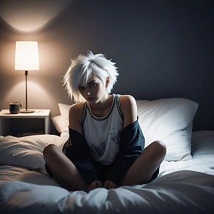 Young Woman with White Hair on Bed