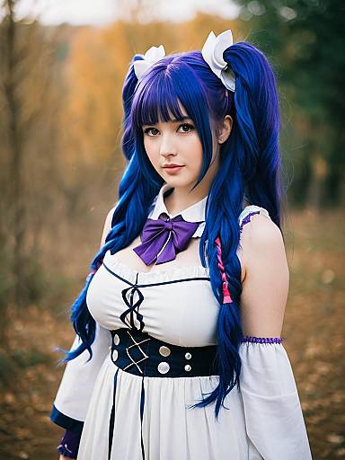 Blue-Haired Woman in Detailed Anime Cosplay Dress Outdoors