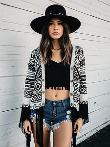 Bohemian Patterned Monochrome Cardigan with Fringed Hem on Woman