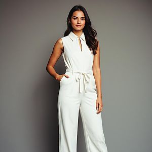 Confident Woman in Elegant White Sleeveless Jumpsuit