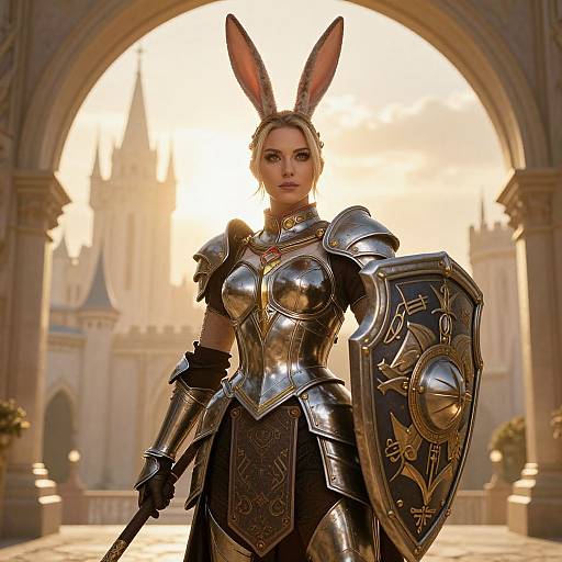 Woman Knight in Medieval Armor with Bunny Ears and Shield at Castle