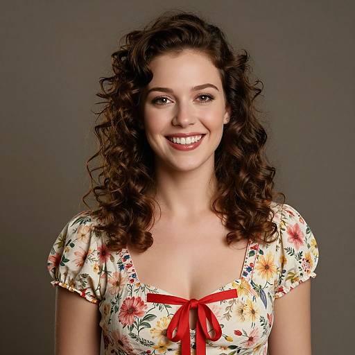 Portrait of Woman in Floral Dress with Red Bow