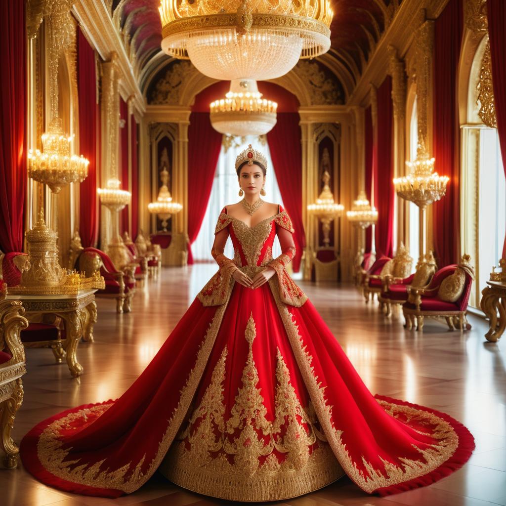 Elegant Woman in Red Gown with Golden Embroidery