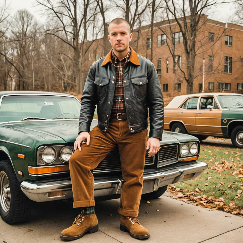 Vintage Style Man Leaning on Classic Green Car in Autumn