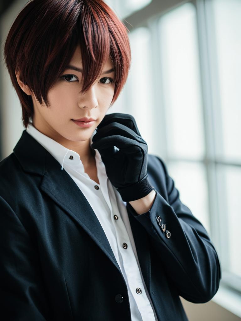 Stylish Young Man in Black Suit with Glove by Window