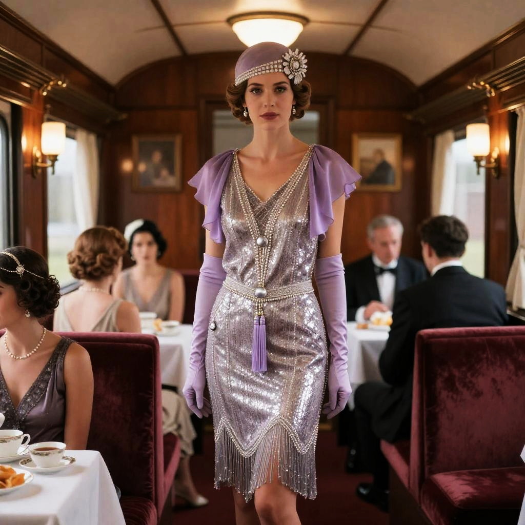 1920s Flapper Woman in Glamorous Dress on Vintage Train